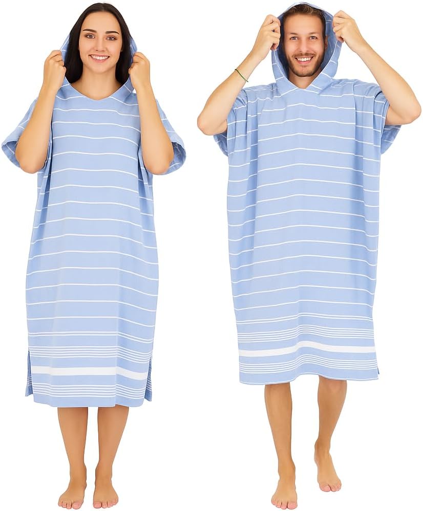 Premium Turkish Cotton Beach Poncho – Quick-Dry & Sand-Free, Lightweight Hooded Towel for Adults (Blue)