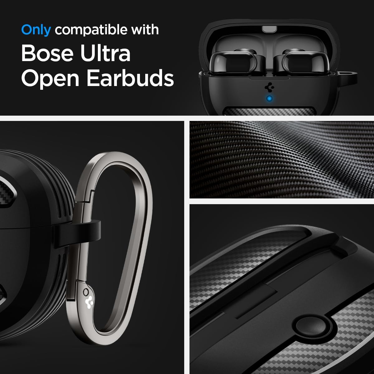 Spigen Rugged Armor Designed for Bose Ultra Open Earbuds (2024) Protective Case with Carabiner - Matte Black - Image 2