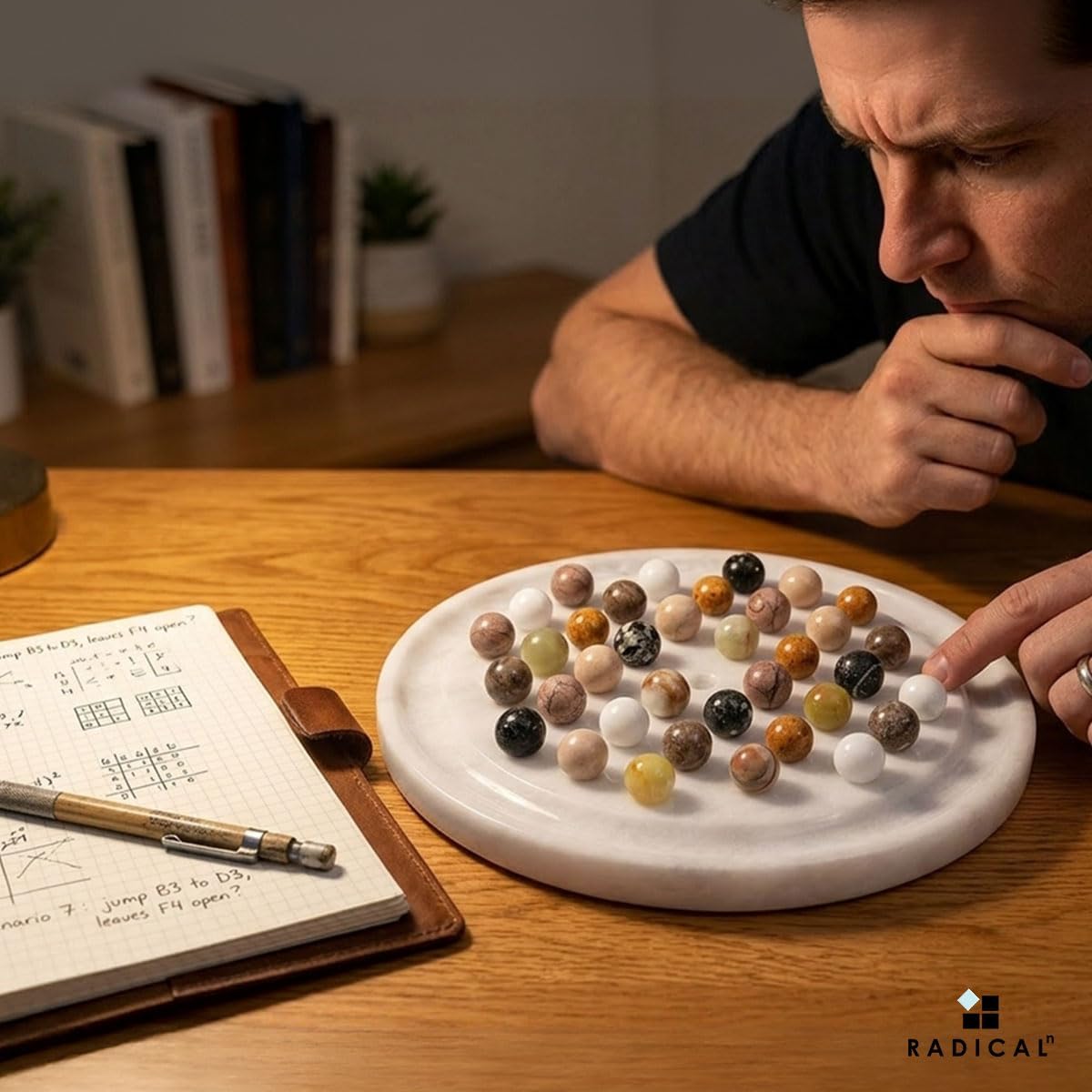 Marble Solitaire Game 10" Inch White Handmade Peg Solitaire Board Game with Marbles, Classic Marble Puzzle Game for Adults, Modern Tabletop Brain Teaser