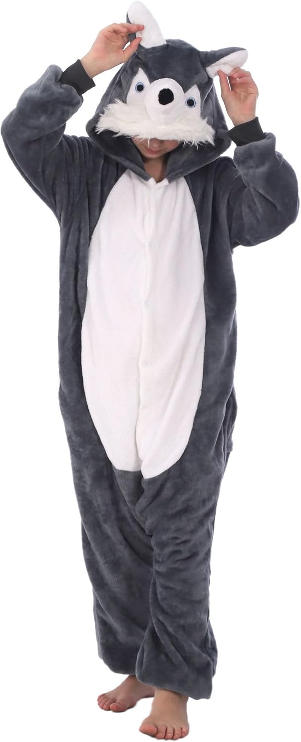 Animal Hooded Costume for Kids Boys Girls Flannel Onesie Halloween Cosplay One Piece Husky - Image 5