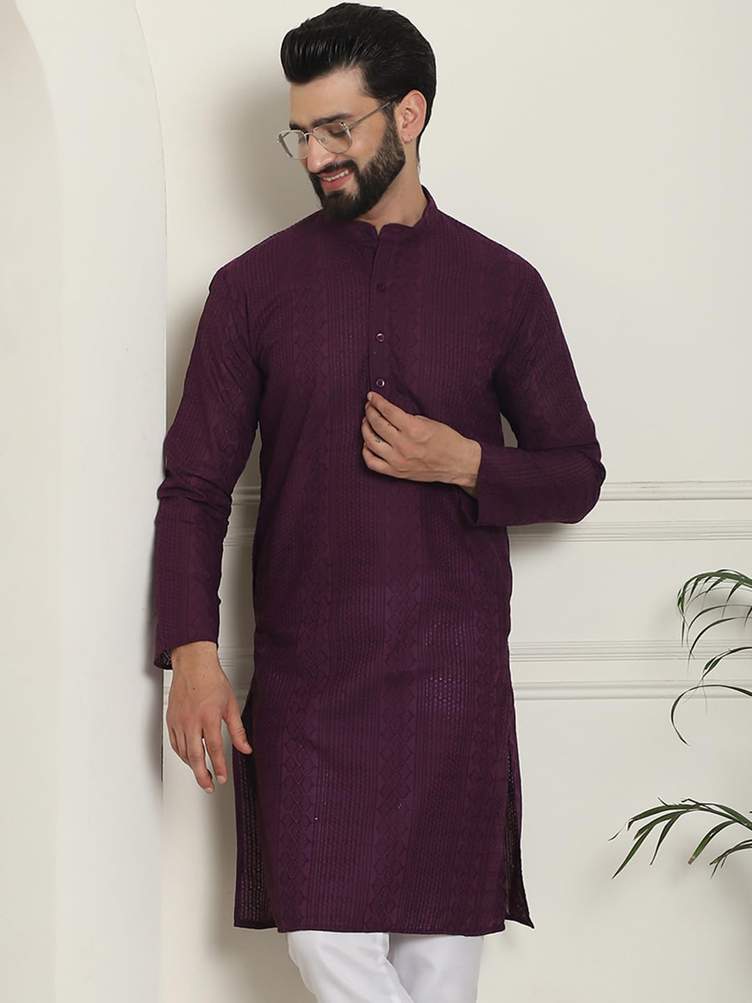 Sojanya (Since 1958 Men's Cotton Thread Embroidered Wine Long Kurta