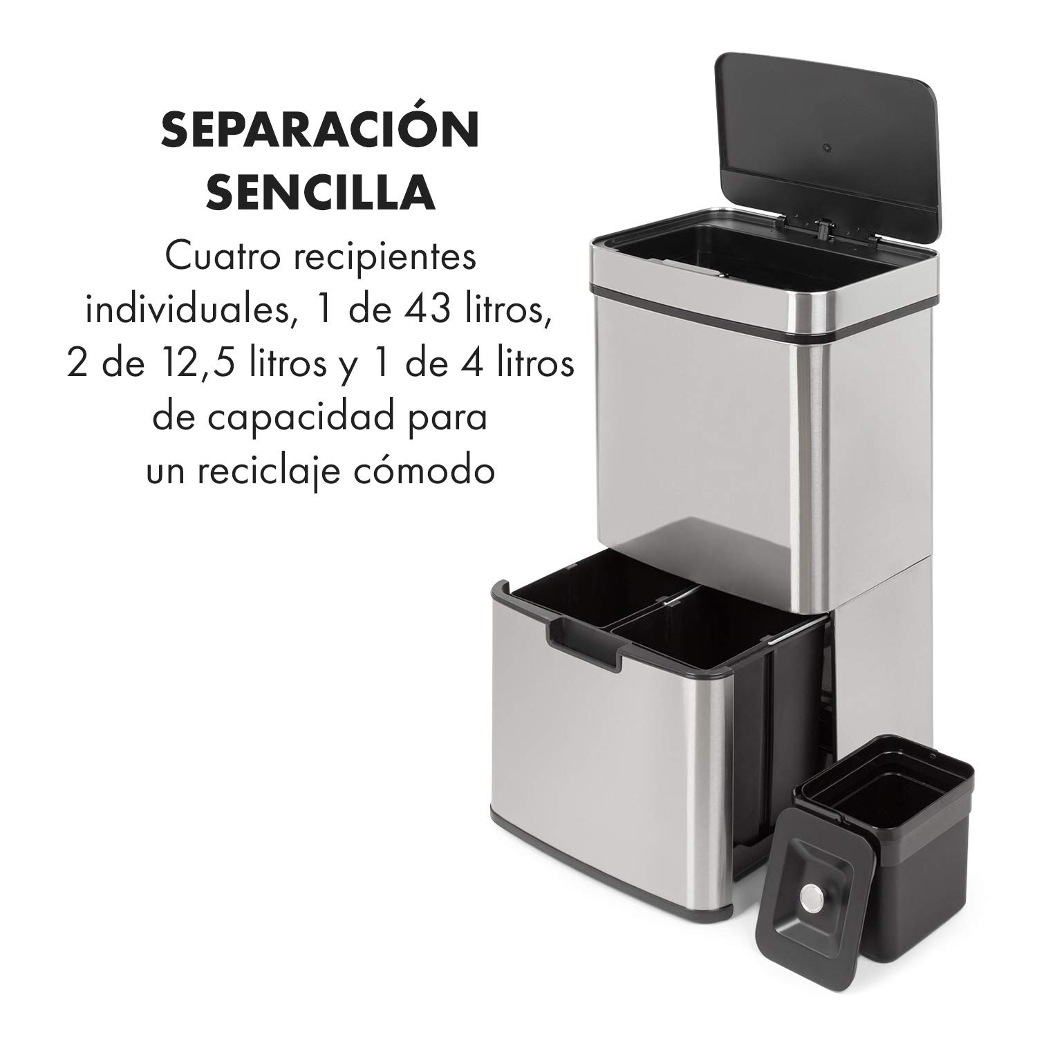 KLARSTEIN Touchless cubo de basura con sensor, 72 litros en 4 compartimentos: 43 & 2 x 12,5 litros, cubo bio con tapa: 4 apertura y cierre automáticos sin contacto, plateado