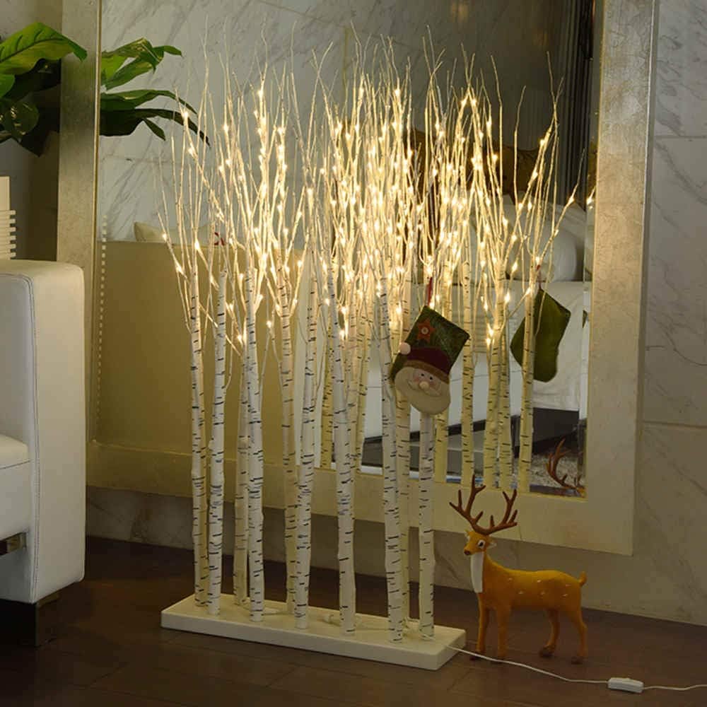 LED Lighted Birch Tree Indoor 4ft, 11 Trees, 128 LED Lights, Bonus Xmas Stocking, Bendable Branches, Easy Set Up, Warm White, Christmas Tree with Prelit Lights for Decorations Home, Festival, White