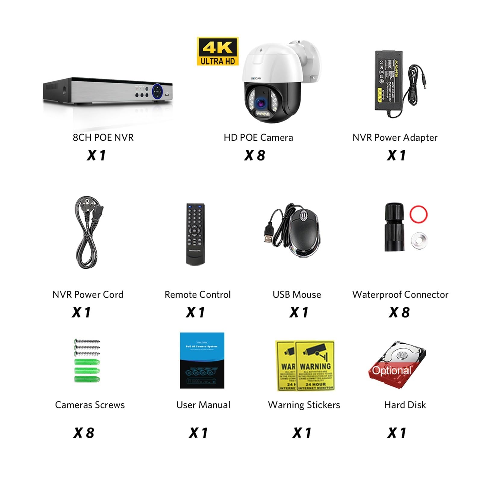 Sistema de cámaras de Seguridad 4K PTZ, Kit NVR, 8 Canales, 8MP, PoE(4T,8MP 8PCS Camera)