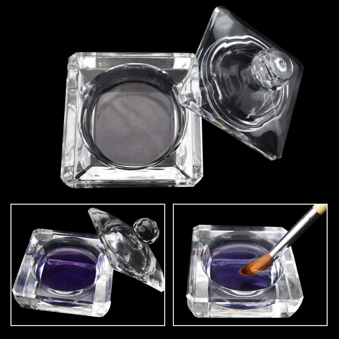 Medium Size Square Shape Crystal Clear Acrylic Liquid Powder Glass Dappen Dish Glass Cup w Cap Lid Bowl for Acrylic Nail Art Transparent Kit, 14ml Capacity, HJ-NAPB015