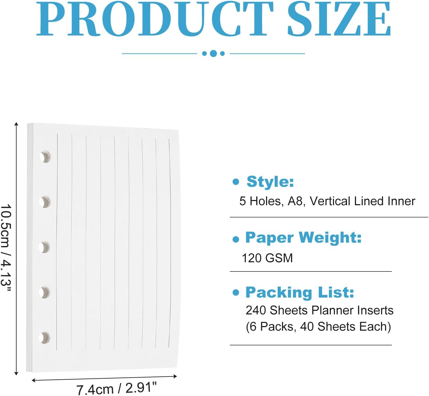 240 Sheets A8 Planner Inserts Vertical Lined Binder Inserts | (5 Holes Binder Refill Paper 120GSM) Suited to Journaling/Planner/Notebook/Teacher Office Supplies image 2