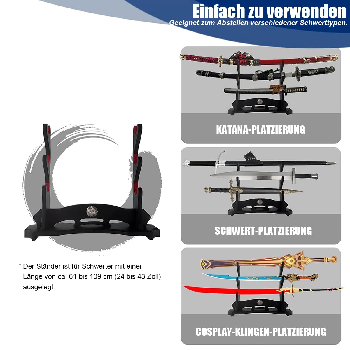 3-stöckiger Samurai-Schwertständer 3 Tier Katana Stand, Samurai Schwert Halter, schwarzes Schwert Berg, große Größe Schwert Stand, Schwert Display für Cosplay Blade Rack.