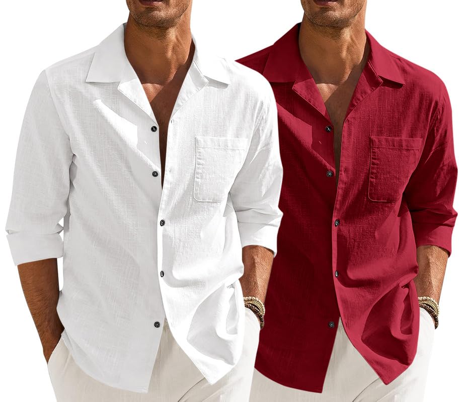Image of Combo of Men's Casual Cotton Blend Shirt || Long Sleeve Button Down with Spread Collar | Lightweight Breathable Fabric | Stylish Solid Shirt for Beach, Office & Everyday Wear Pack of 2