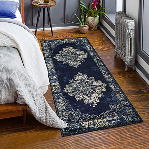 Lanffia Persian Hallway Runner Rug 2X5, Navy Blue Medallion Bedroom Rug Bohemian Kitchen Runner Rug Non-Slip Washable Vintage Low-Pile Floor Carpet For Laundry Room Entrance Bathroom #TOP17