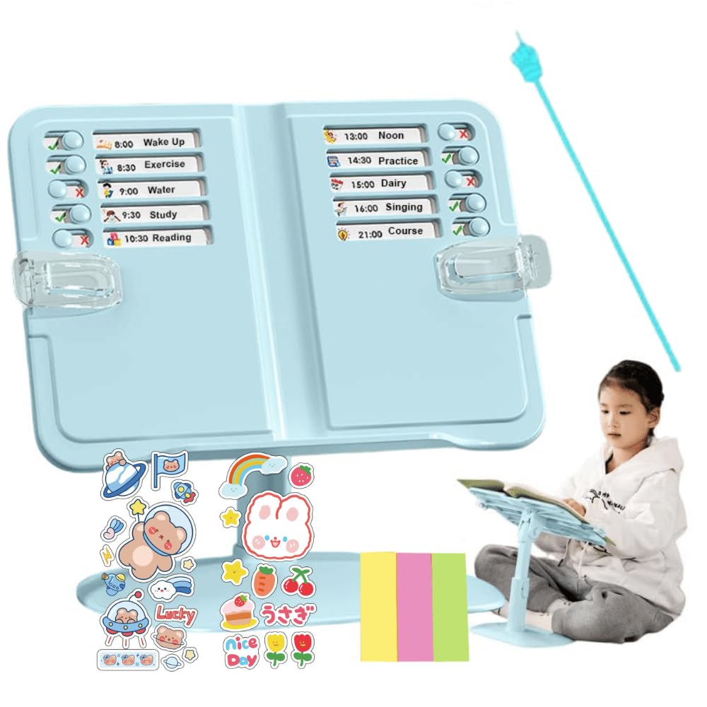 Kids Reading Stand with Schedule Board | Adjustable Ergonomic Book Holder for Study Desk | Blue Desktop Stand with Decorative Stickers & Modern Educational Design (Blue)