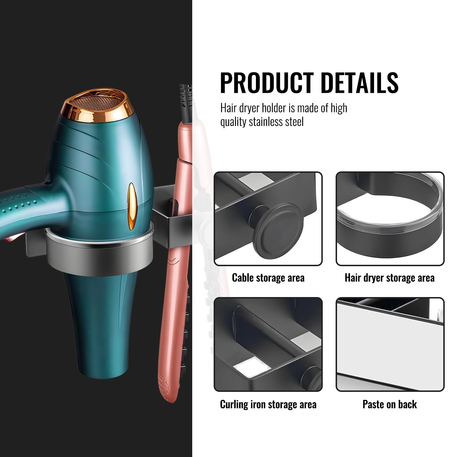 Montaggio Senza Trapano Porta Asciugacapelli Da Muro AIRUJIA - Supporto Universale Per Styling Con Gancio Cavi, Senza Trapano Organizer Capelli