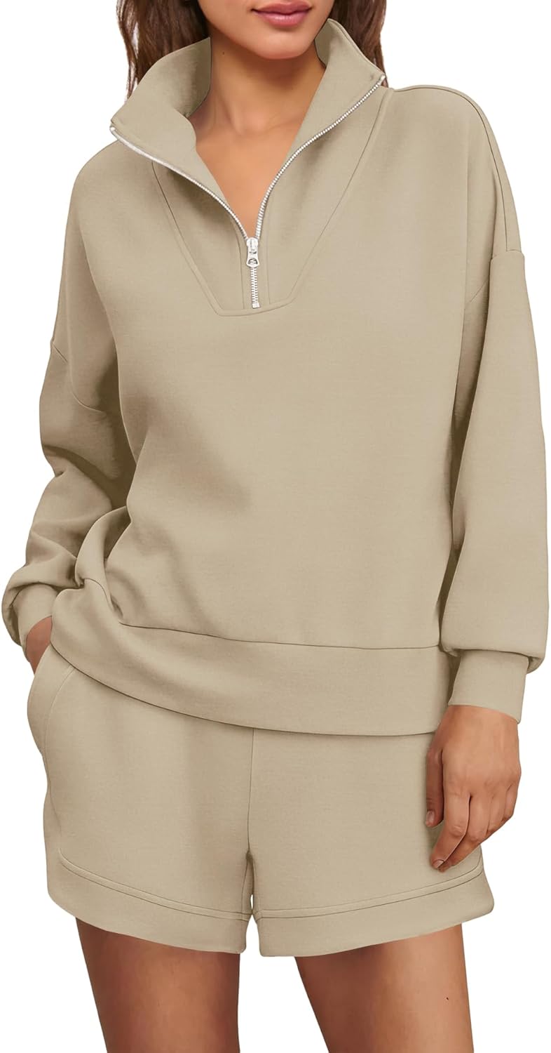Panadila Womens Oversized Sweat Set 2 Piece Sweatsuits Airport Travel Lounge Set Long Sleeve Half Zip Top and Shorts - Image 3