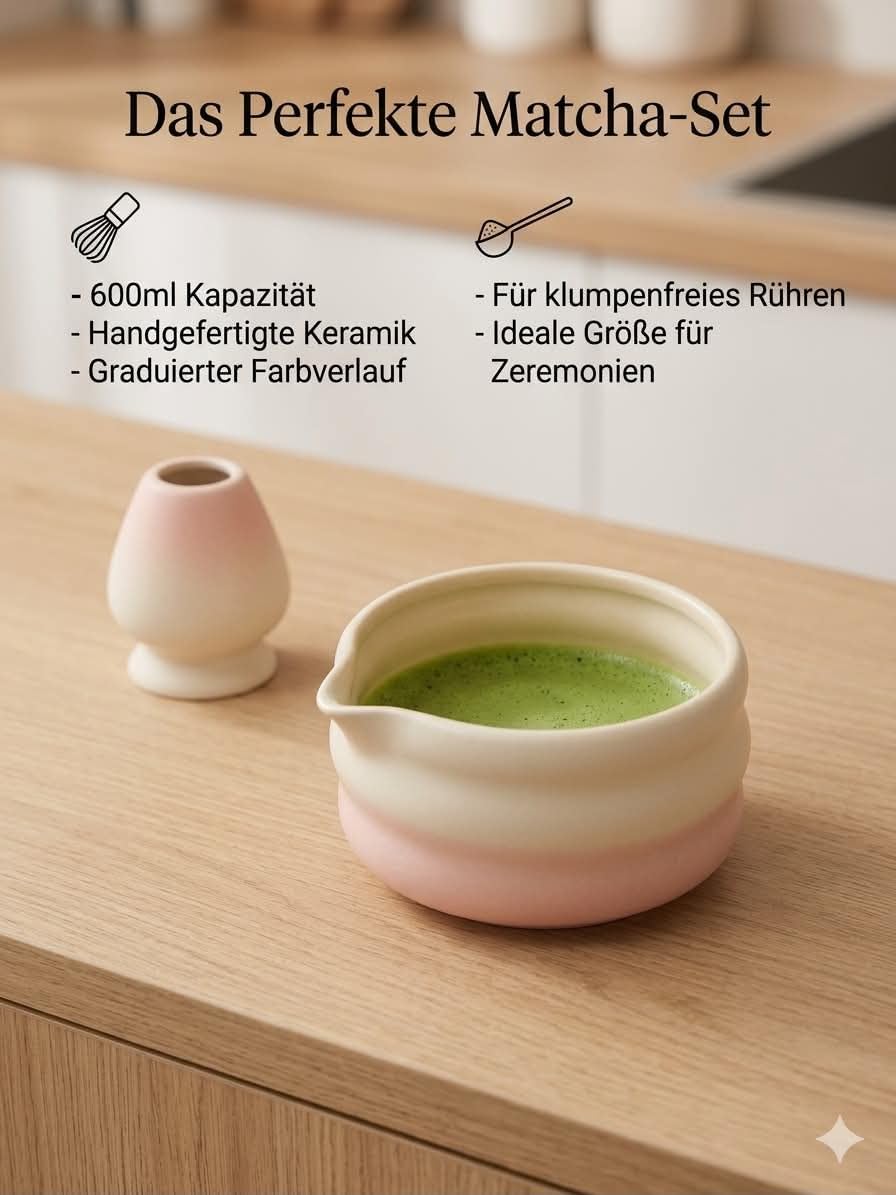 Juego de 4 piezas de Matcha, cuenco de cerámica Matcha, escoba matcha de bambú (Chasen), soporte para escobas y cucharas – Juego de accesorios para matcha japoneses – Rosa