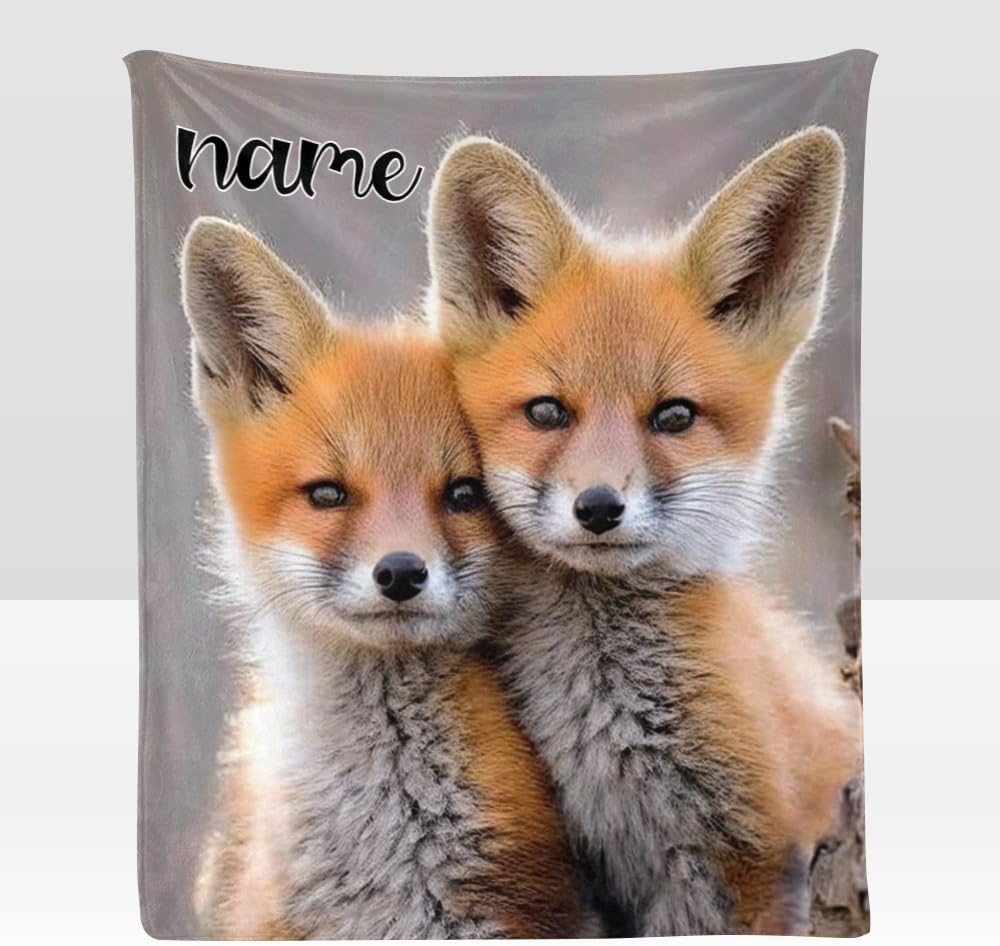 Custom Blanket with Name Text,Personalized Animal Funny Sweet Fox Super Soft Fleece Throw Blanket for Couch Sofa Bed (50 X 60 inches)