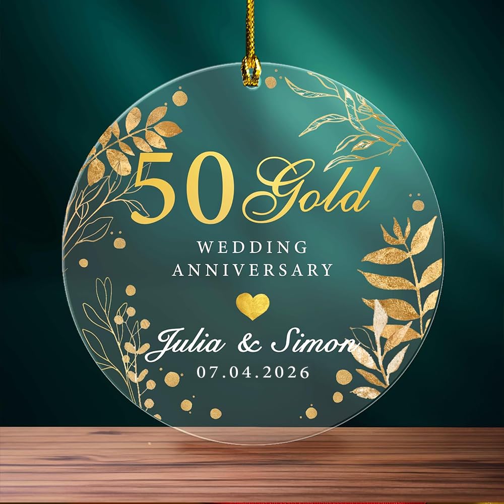 Personalized Happy 50 Gold Wedding Anniversary Acrylic Ornament - Custom Year for Parents, Grandparent Gift Hanging Glass Ornaments for Decorating Home 50th Anniversary Holiday Keepsake