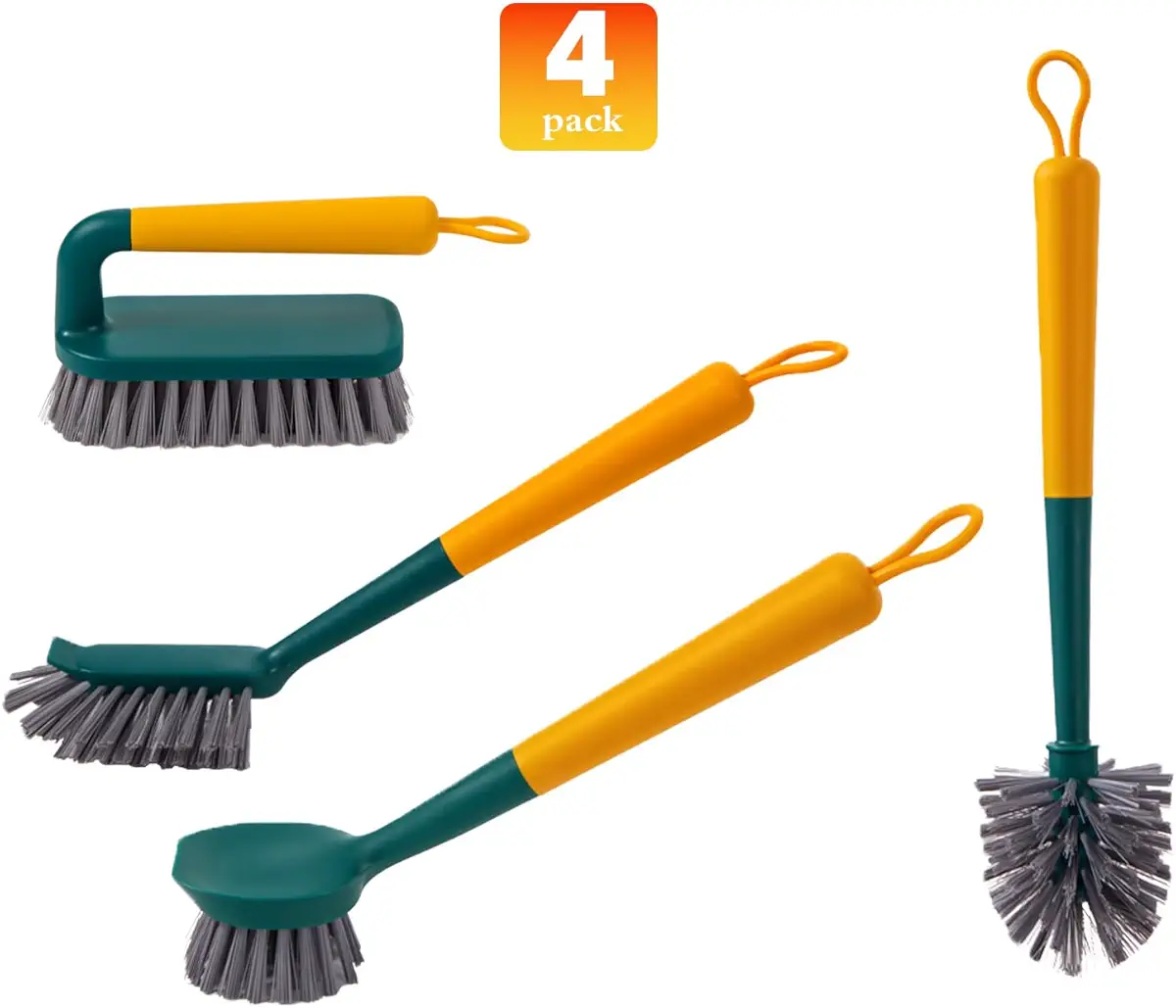 4 Pack Multipurpose Kitchen Cleaning Brushes Set,Dish Brush with Handle,Dish Brush for Cleaning，Kitchen Brushes for Dishes,Long Cleaning Brush,Cleaning Brush,Dish Brushes,Bottle Brush,Scrub Brush