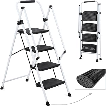 4 Step Ladder Folding Step Stool with Handrail & Non-Slip Foot Mats, Steel Portable Stepladder, Heavy Duty Ladder for Multi-Purpose, Home, Kitchen, 500lbs 4-White
