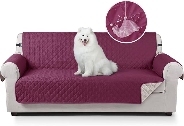 TAOCOCO Sofa Covers 100% Waterproof Sofa Slipcovers 3 Seater,Non Slip Sofa Cover for Kids/Dogs/Pets,Washable Sofa Protector with Elastic Strap(Wine Red,UPDATE of Cloth)