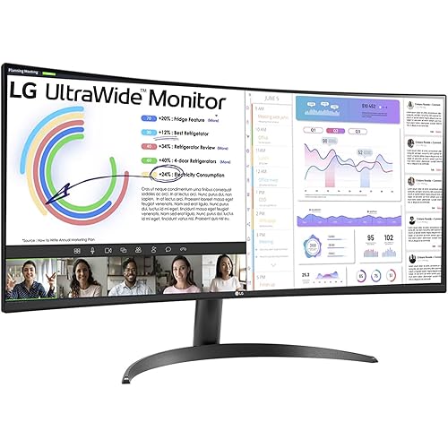 LG 34 Inches 21:9 Curved Ultra Wide Monitor, WQHD(3440 x 1440 Pixels), sRGB 99%(Typ), HDR 10, Dual Controller, PBP, Flicker Safe, Smart Energy Saving, HDMI, DP, Head Phone Out,Tilt, Black, 34WR50QC