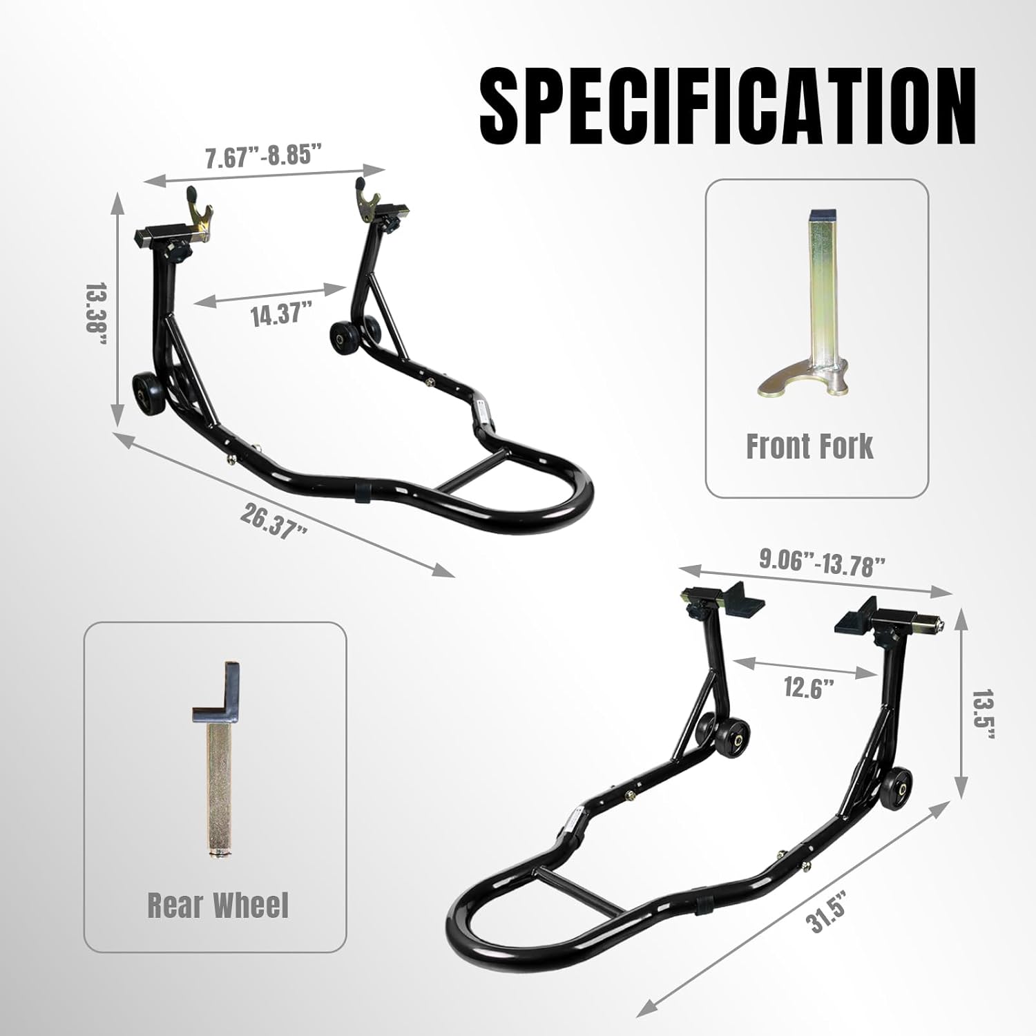 motorcycle stand lift, universal paddock lift stand, 1100lbs front rear combo stand lift stand, rear u+l fork swingarm spool stand 2-pack black black-2 packs