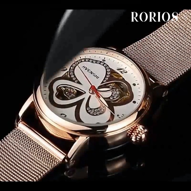 RORIOS Orologio Donna Meccanico Automatico, Cinturino Acciaio, Quadrante Con Diamanti, Impermeabile, Bianco E Rosso