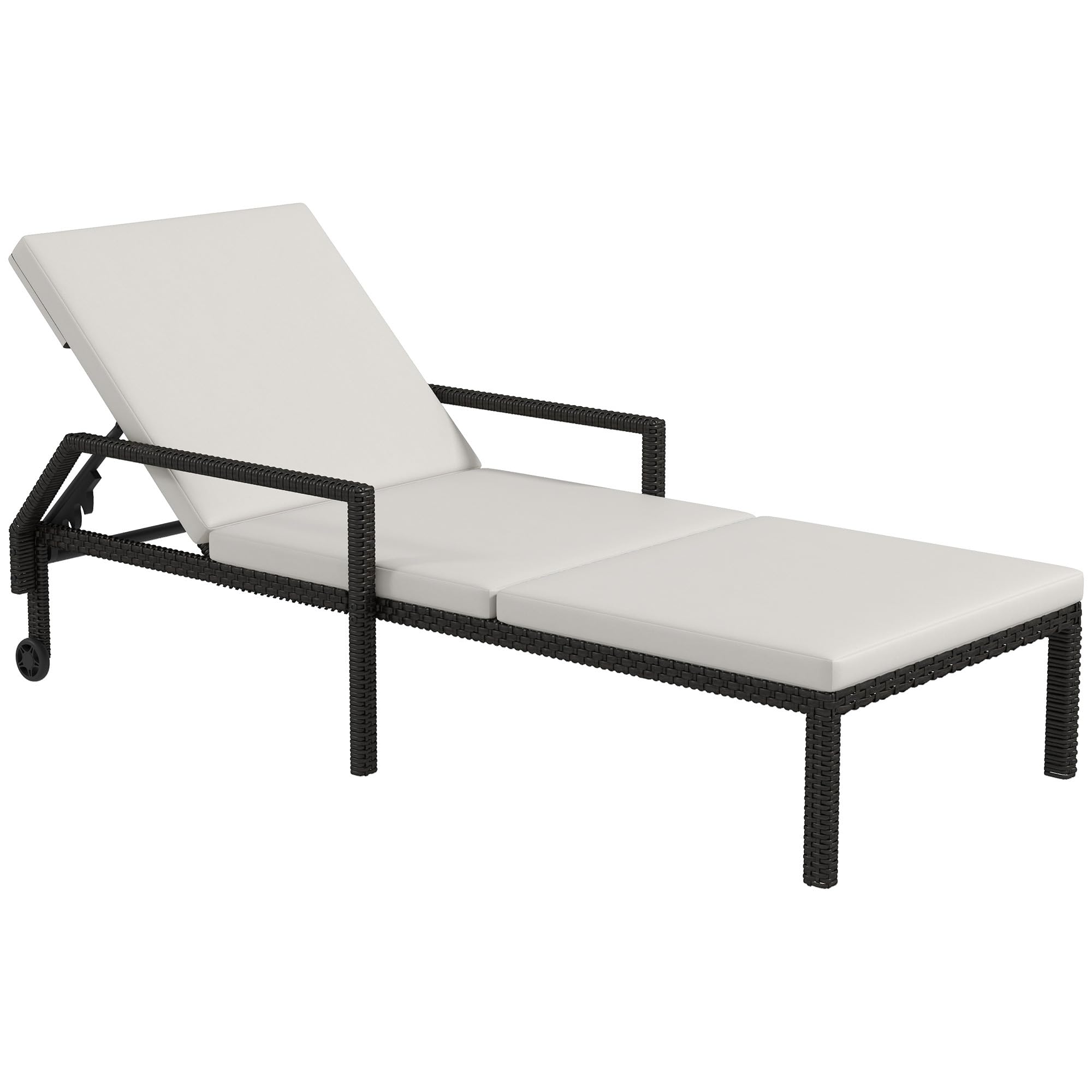 Outsunny Tumbona de Ratán Chaise Longue de Jardín con Respaldo Ajustable en 5 Posiciones Cojín Acolchado y 2 Ruedas Carga 120 kg 73x200x48 cm Crema y Negro