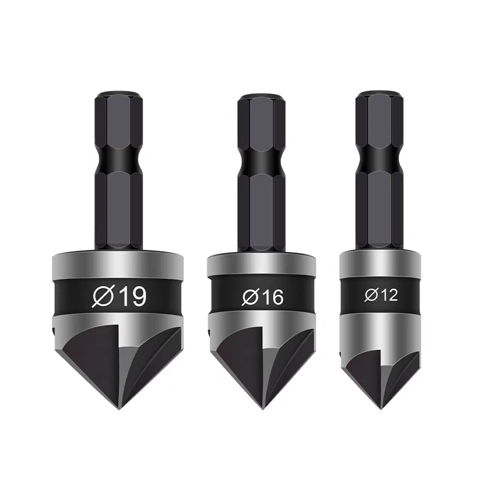 3 Pcs Countersink Drill Bit,Set Counter SinkBits Wood Countersunk Chamfer Tool Sink 90 Degree Adaptor Trend Carbide Tipped Depth Flute Hex Shank 12MM 16MM 19MM,for Hinge Kit Metal WoodWorking Stopper