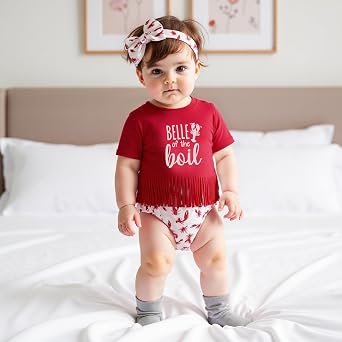 KMBANGI Baby Girl Crawfish Outfits Toddler Crawfish Boil Tassels T Shirt Lobster Bloomer Shorts Baby Smocked Summer Clothes (Red, 6-12 Months)
