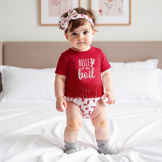 KMBANGI Baby Girl Crawfish Outfits Toddler Crawfish Boil Tassels T Shirt Lobster Bloomer Shorts Baby Smocked Summer Clothes (Red, 6-12 Months)