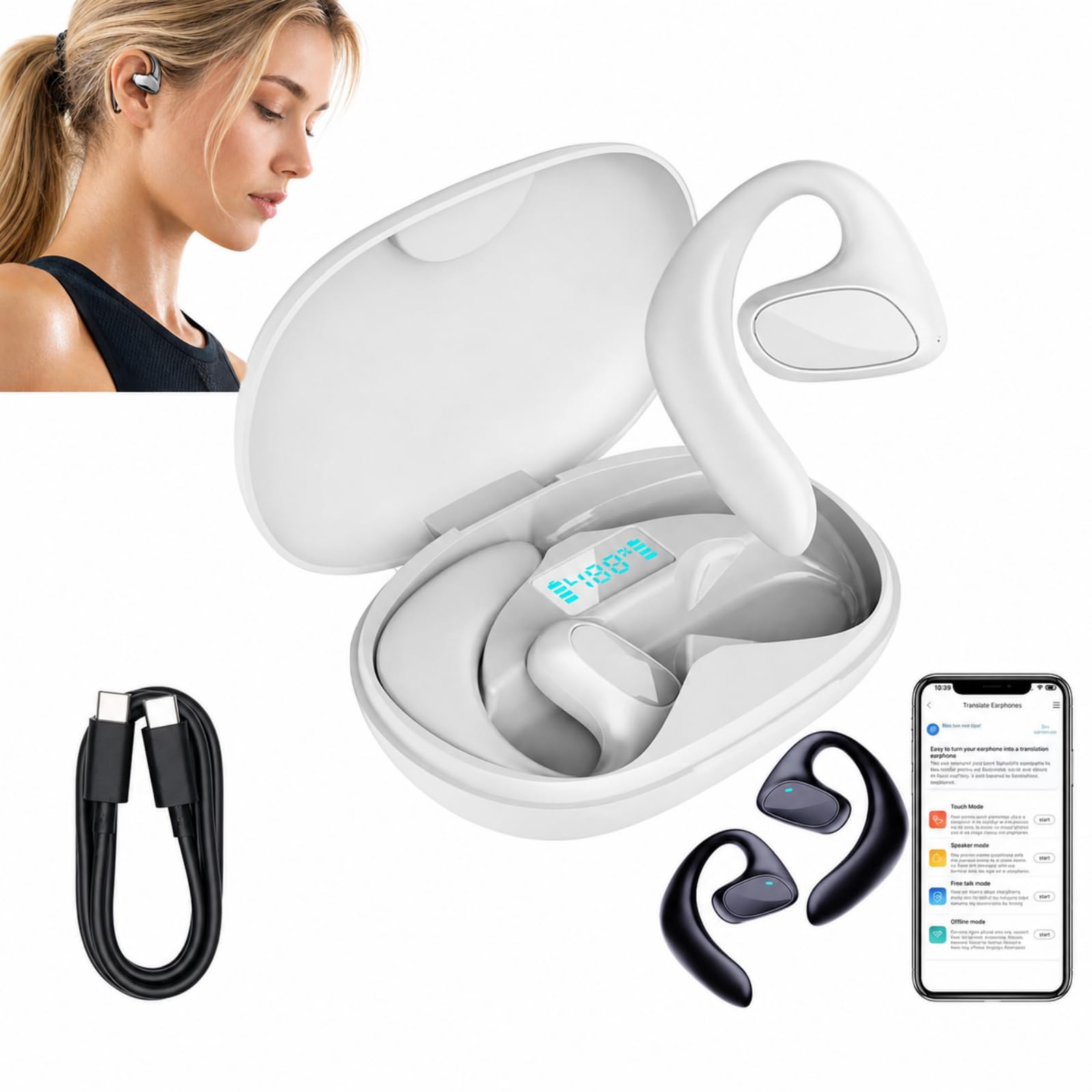 AAFGVC Sonabuds Translator Real Language Translator Earbuds AI Translation Earphones Offline Use Open Ear Listening For Meetings Travel Study (White)