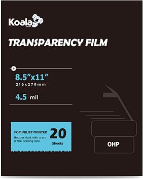 Koala Inkjet Transparency Film Clear OHP Film for Crafts, 20 Sheets