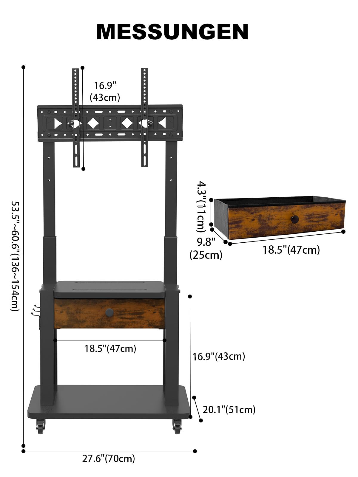 Rollbarer TV-Ständer mit Stoffschublade für 32-75 Zoll Flach/Curved-Bildschirme bis 100 kg LCD/LED/OLED höhenverstellbar mobilm mit Rollen für Zuhause Büro und den Außenbereich, max. VESA 600 x 400mm