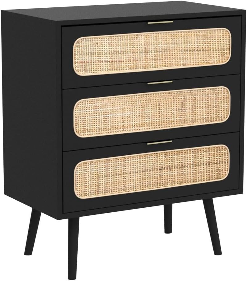 QHITTY Drawer Dresser Set of 2, Rattan Chest of Drawers with 3 Drawers Dresser, Accent Storage Cabinet Modern Bedside Table for Living Room, Bedroom, Entryway (Black)