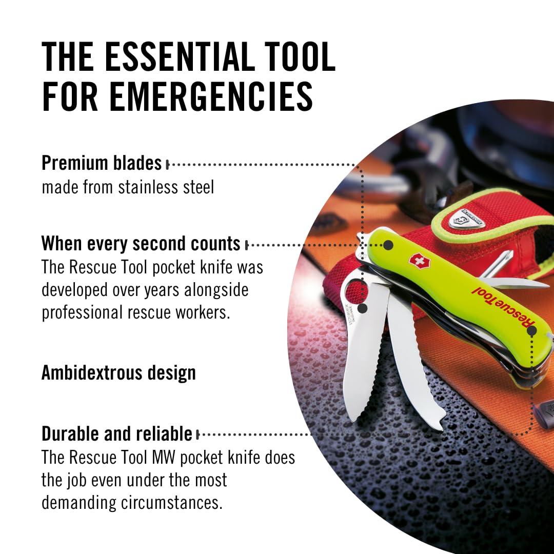 Victorinox Rescue Tool with Nylon Pouch Swiss Army Knife, 13 Functions, Swiss Made Pocket Knife with Seatbelt Cutter and Glass Saw - Fluorescent Yellow
