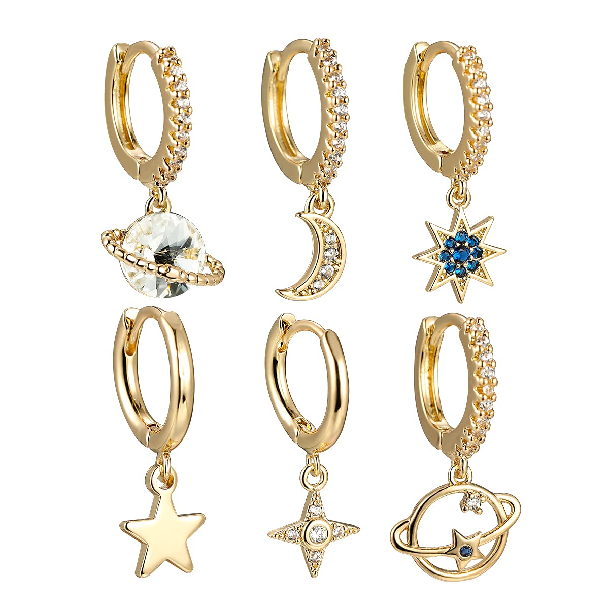 Vanel Planet Moon Star Earrings Star Hoop Dangle Earrings for Women Girls 18k Gold Plated Cute Huggie Earrings with Gifts Box