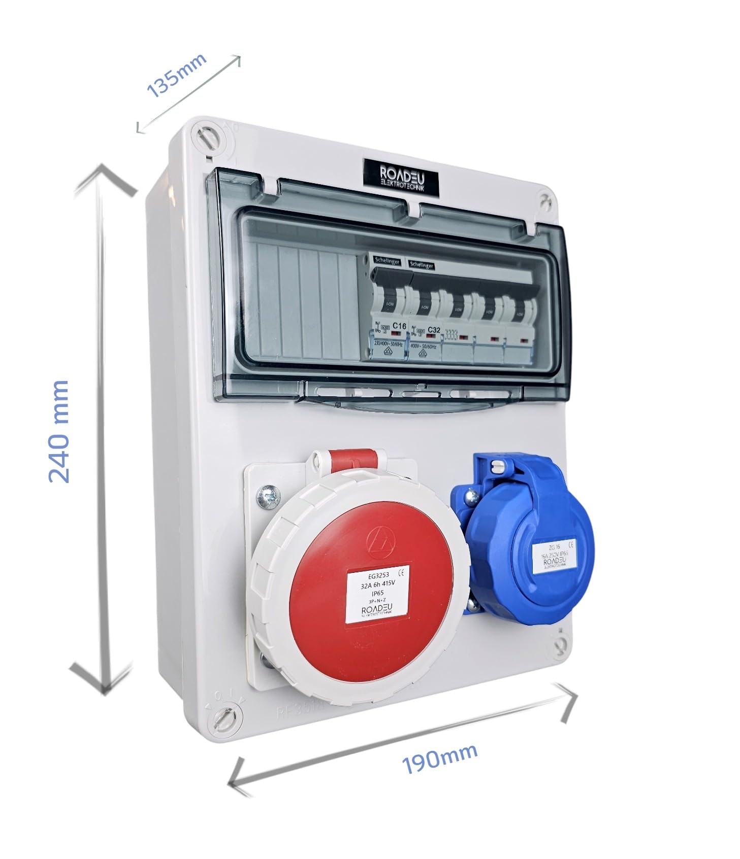 RoadEu Coffret de distribution IP65 CEE 32A 5P 400V & prise 230V 2P+T, coffret mural avec disjoncteurs C32A 4P + C16A 2P, prises à couvercle vissé
