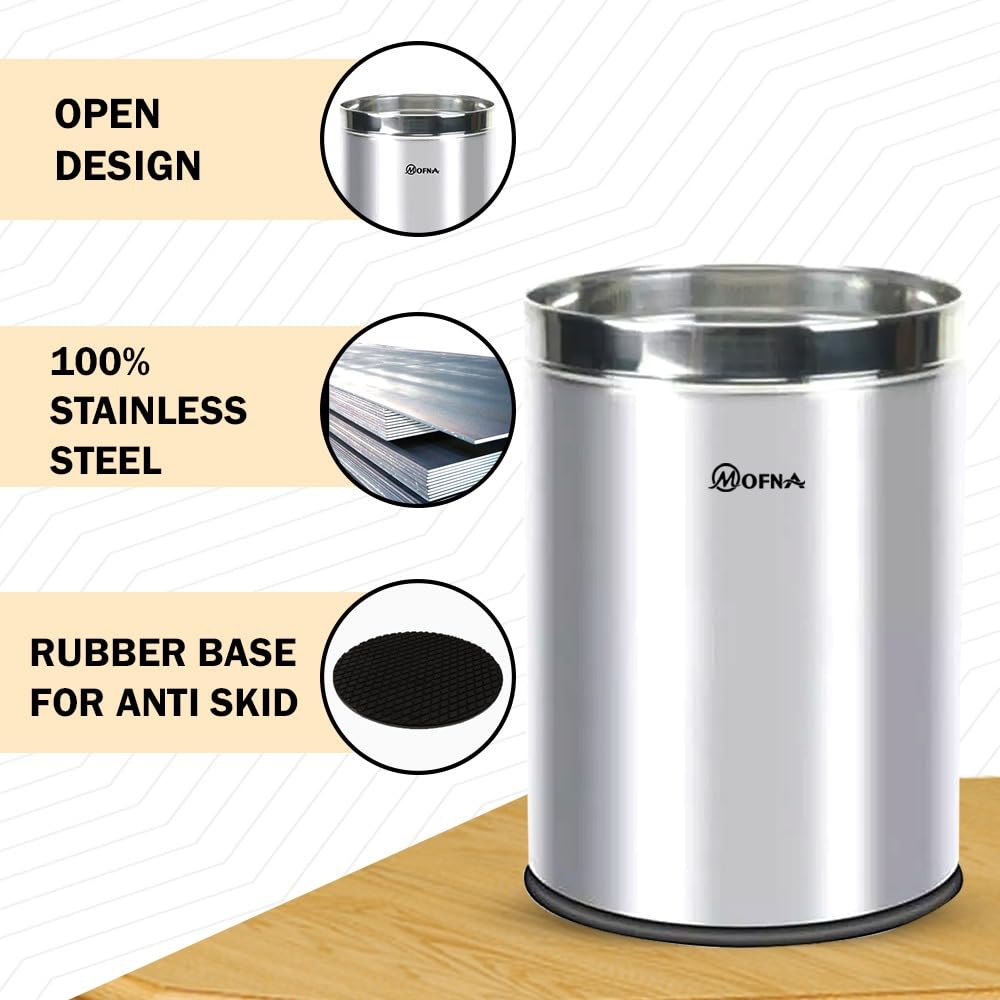 mofna Stainless Steel Open Type Solid Dustbin Without Lid - Recycle Bin, Trash Can, Paper Bin - Modern and Durable Waste Management Solution (10x14 Inch, 18 Liter, Silver) 2