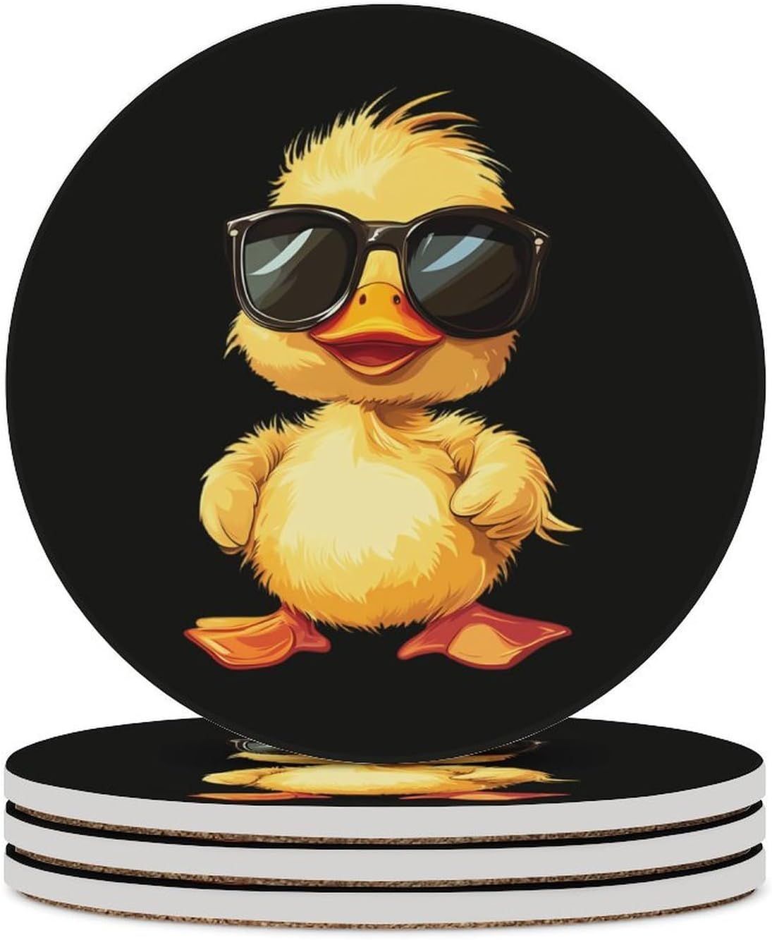 Cute Yellow Duck in Glasses Round Ceramic Coasters Print Drinks Absorbent with Cork Base for Home Decor Gifts 4 Inch