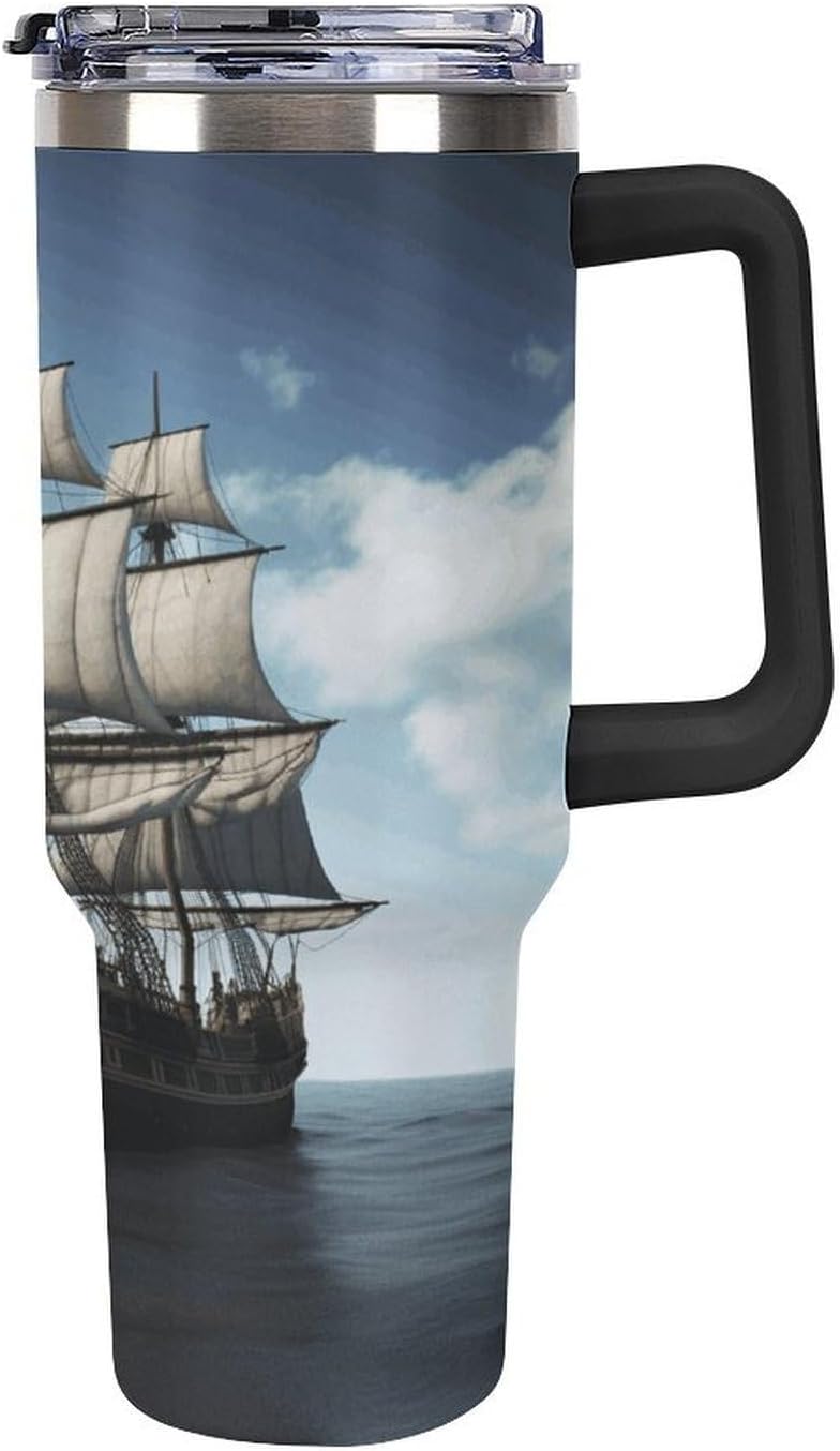 Old Sailing Ship Travel Coffee Mug Reusable Durable Stainless Steel Insulated Tumbler with Handle And Straw Leak Resistant Portable Thermal Cup Gifts for Men Women 40 Oz