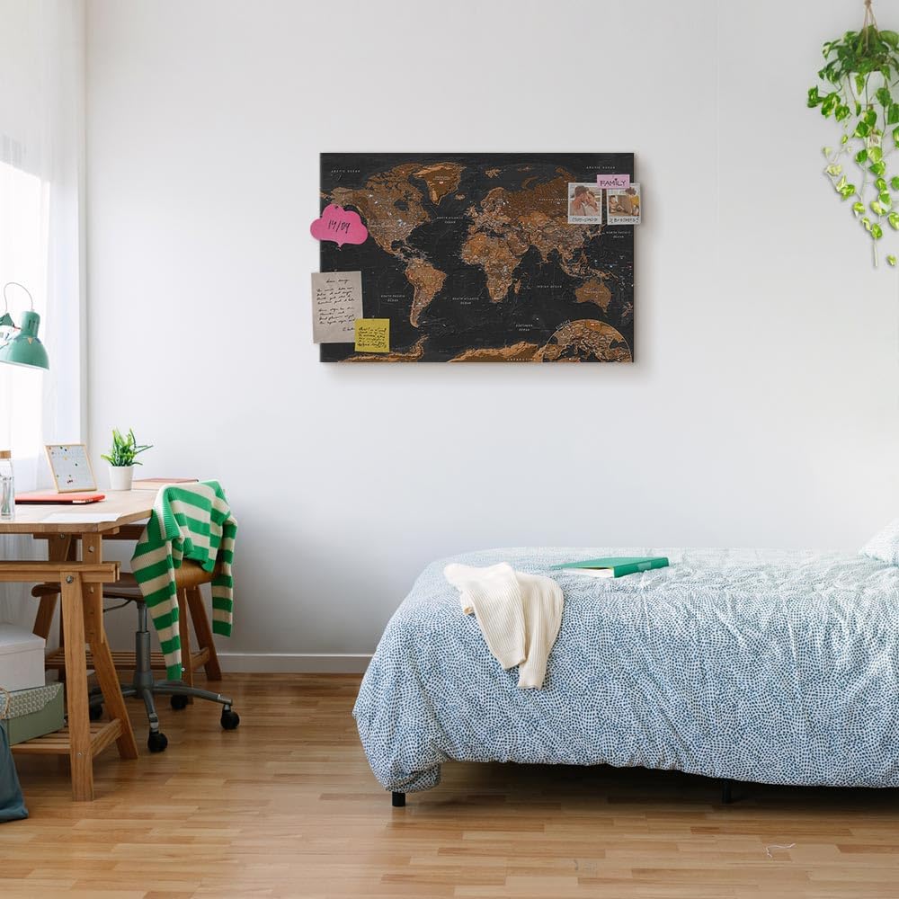 Pannello In Fibra Per Puntine 120x80cm - Mappa Del Mundo Su Tela Con 50 Pin Inclusi