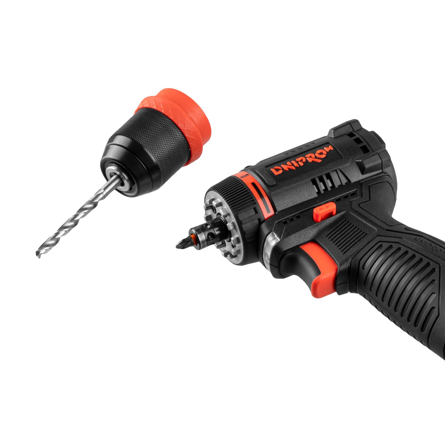 Taladro Atornillador Inalámbrico Brushless CD-12QBC 12V 45 Nm - 2 Baterías 2Ah, Cargador, Maletín, Cabezal Angular y Excéntrico - Portabrocas Desmontable con Portapuntas Hexagonal 1/4" - Por Dnipro-M