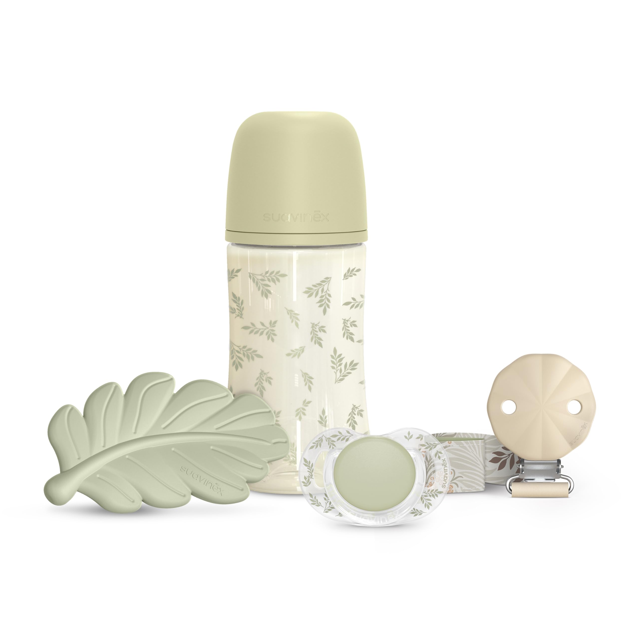 Suavinex, Set Regalo Neonati +0 Mesi. Ciuccio 0/6 mesi con tettarella SX Pro + Portaciuccio in tessuto + Biberon anticolica con tettarella SX Pro a flusso medio (M) 270 ml + Massaggiagengive, verde