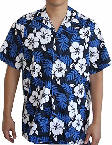 Men's Island White Flowers Blue Hawaiian Aloha Shirt