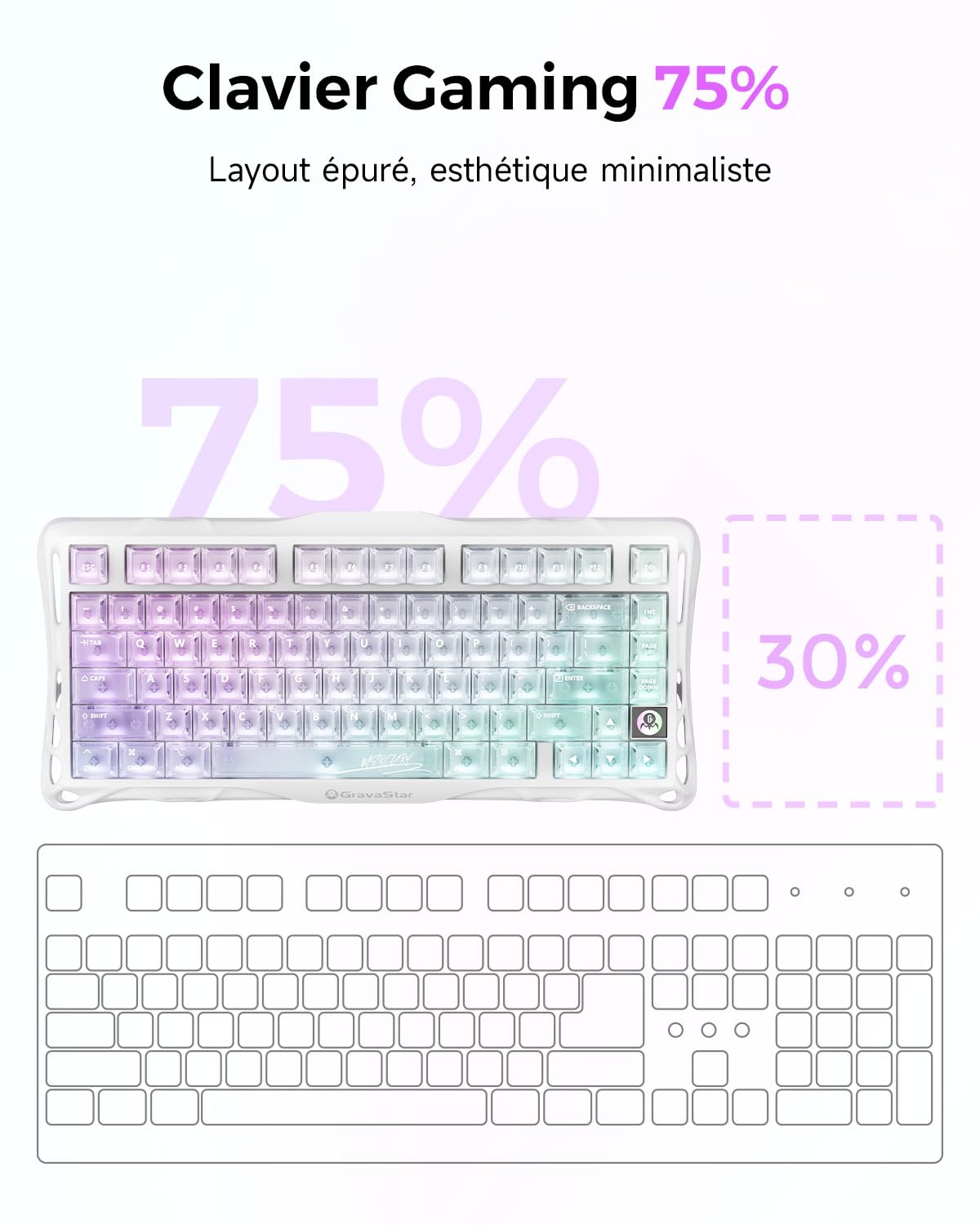 GravaStar Mercury K1 Lite Clavier Mécanique de Jeu avec BT5.0/2.4G /Type-C, 75% Gasket Clavier Gamer RGB Rétroéclairé, Commutateurs Linéaires Pré Lubrifiés, QWERTY (Crystal Aurora)