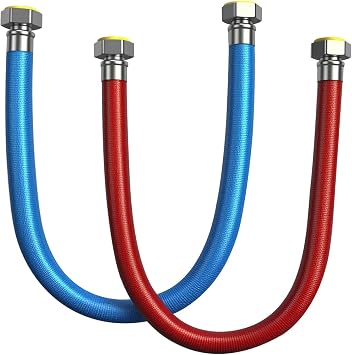 24 Inch Flexible Stainless Steel Water Heater Connector Hose 1/2" FIP x 1/2" FIP Corrugated Flex Line for Hot & Cold Water, with Red & Blue Markers, 2 Pack