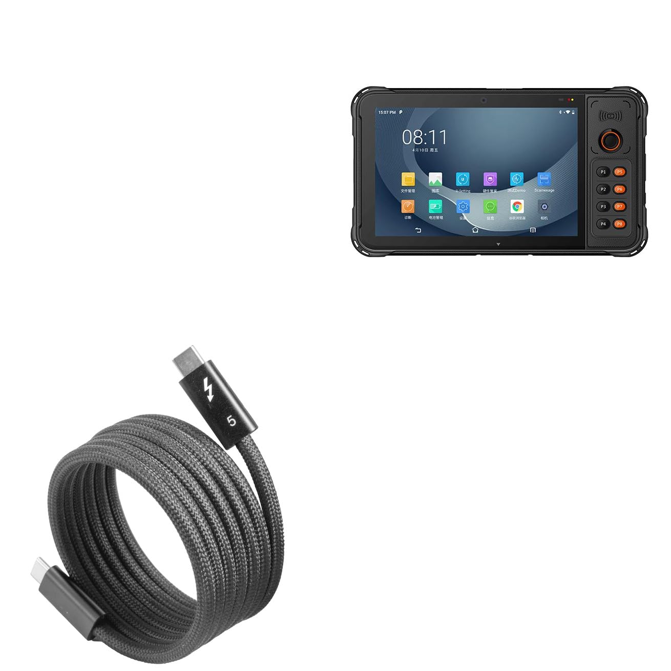 BoxWave Cable Compatible with Urovo P8100 4G (8 in) - SnapWrap Thunderbolt 5.0 Cable (5ft 240W), Magnetic Self-Coiling Nylon Braided Retractable - Jet Black