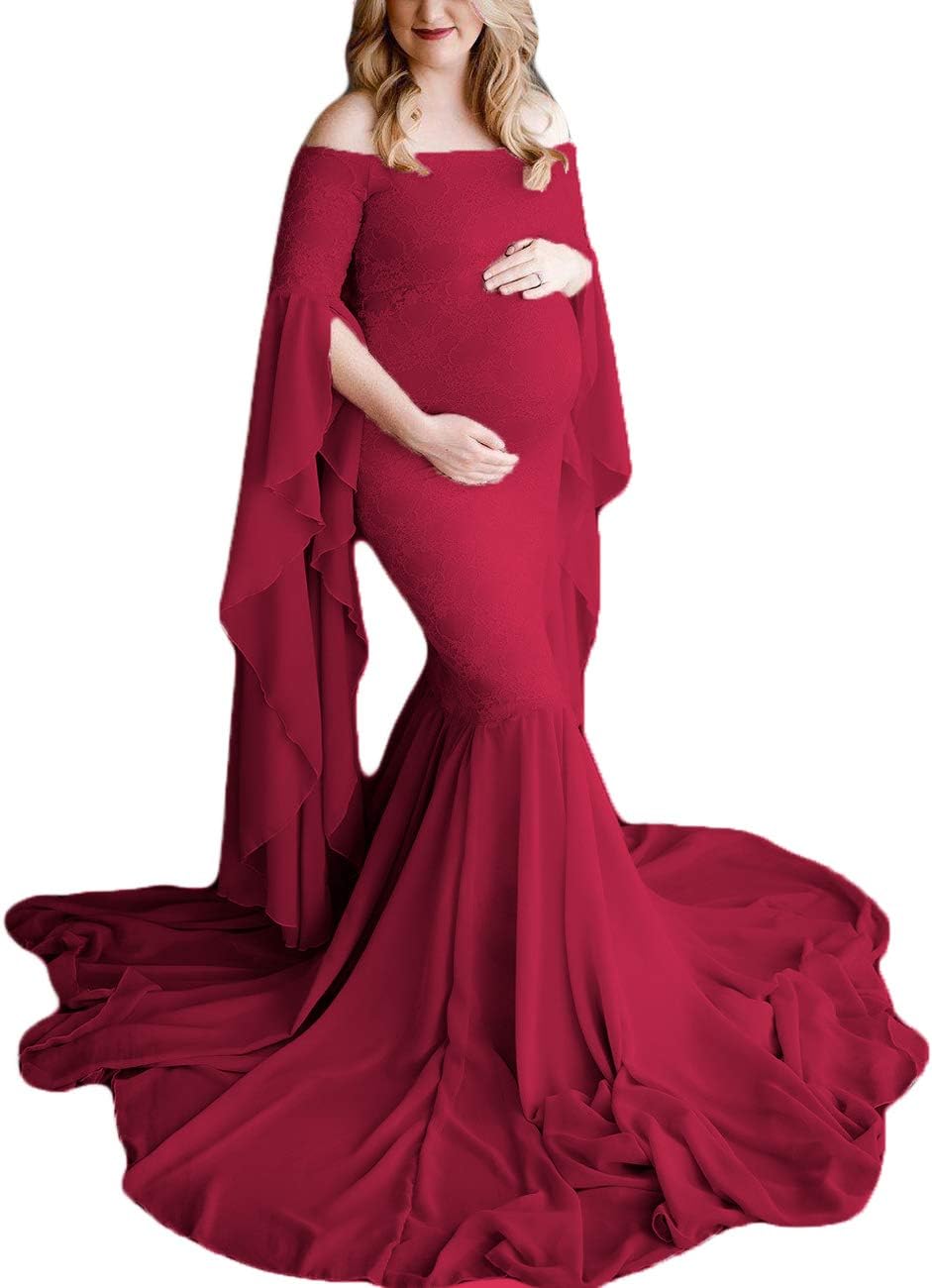 JustVH マタニティ オフショルダー レース シフォン 半円 フィット ガウン フレアスリーブ マキシ 写真撮影用, バーガンデ