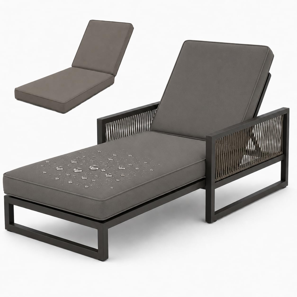 Coussin Bain De Soleil, Matelas Bain De Soleil Épais 50D, Coussin Chaise Exterieur avec 6 Attaches Et Double Passepoil pour Jardin Terrasse,Gris,178x59x10cm