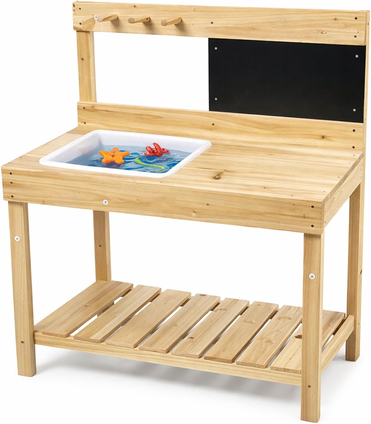 Wooden Potting Bench with Chalkboard, Removable Basin, Storage Shelf and Hooks, Outdoor Garden Work Table,Educational Gardening Tools (Wood)