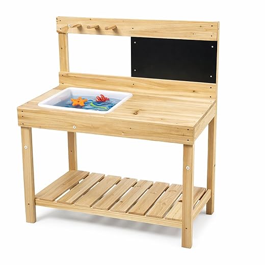 Kids Wooden Potting Bench with Chalkboard, Removable Basin, Storage Shelf and Hooks, Outdoor Garden Work Table,Educational Gardening Tools (Wood)